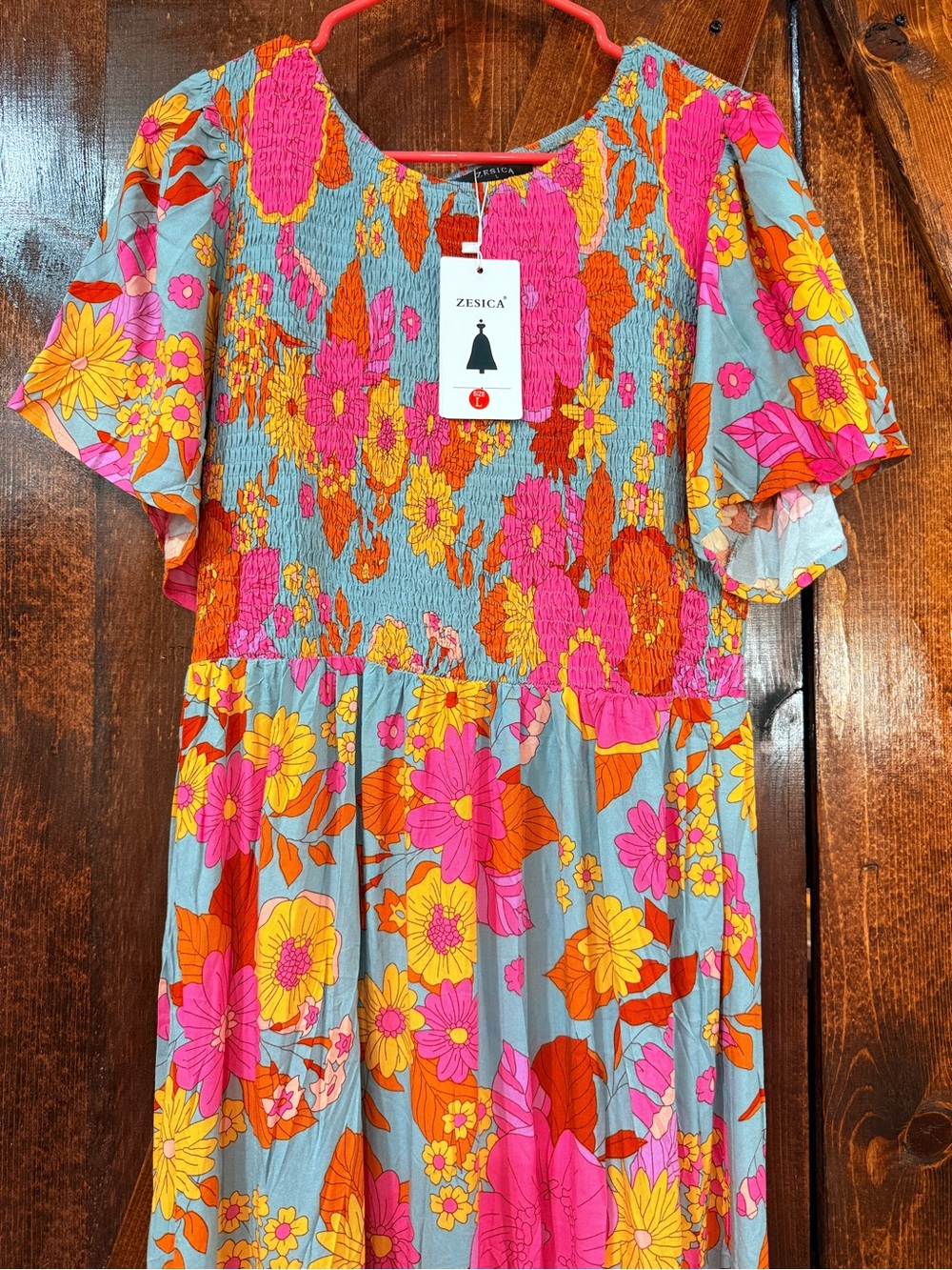 Light Blue Floral Maxi Dress with Pink & Orange Blooms - Picture 2 of 5